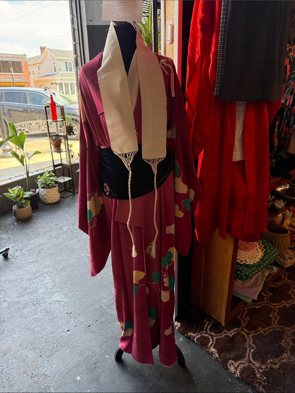 Burgundy Floral Maxi kimono with Black Obi and Cream Scarf